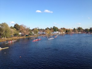 A view of all the crew teams lined up, ready to practice on the Charles River, before the Head of the Charles Regatta.