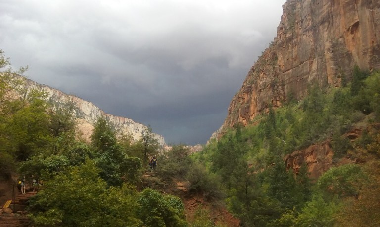 View of the incoming storm from the Lower Pool, of the Emerald Pools Trail at Zion National Park.