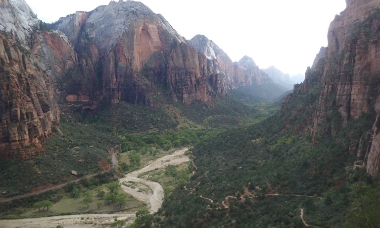 View of Zion National Park, looking west (or down canyon) from along the Angel's Landing Trail