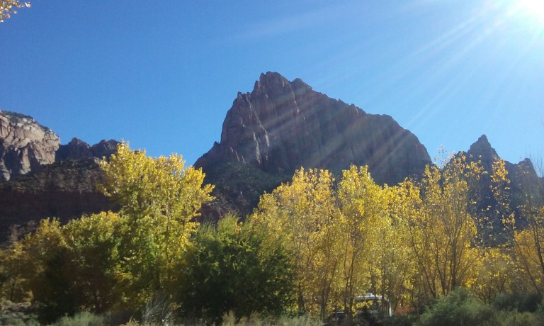 My lunchtime view - close to the Visitor Center at Zion. I *think* that rock formation is called The Watchman because it overlooks the Watchman Campground. 